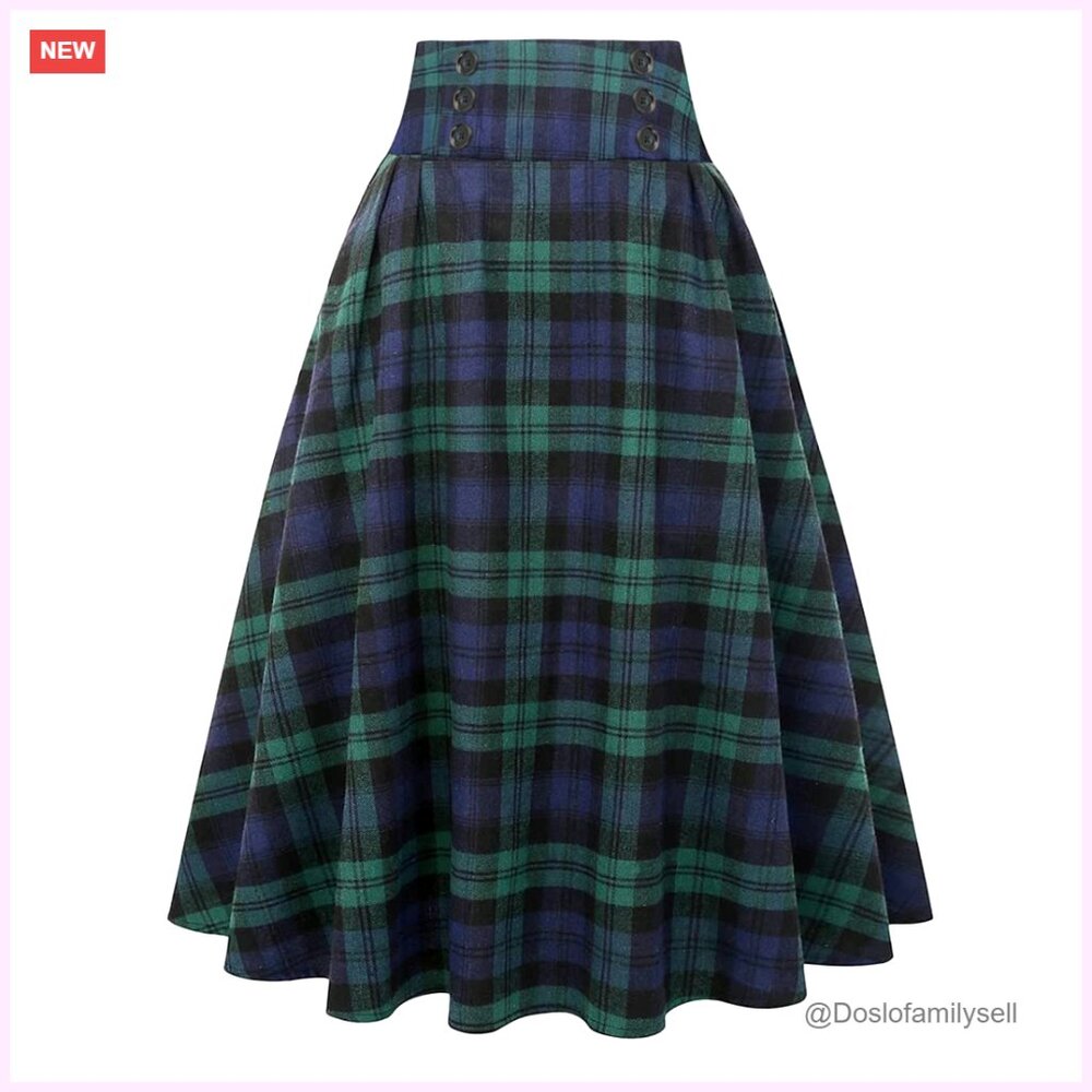 High Waist A-Line Pleated Midi Skirt, Stretch Waistband, Side Pockets, Cotton